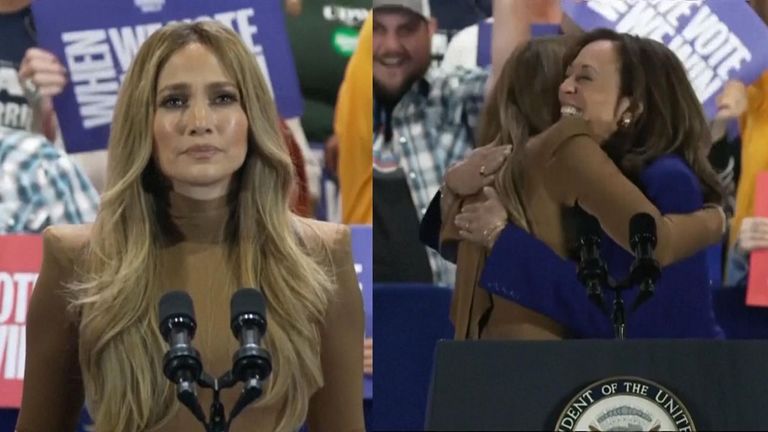 Jennifer Lopez speaks at a Kamala Harris rally and makes a jibe at the comedian who called Puerto Rico a &#34;floating island of garbage&#34; at Trump&#39;s New York rally.