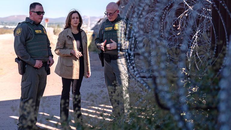 Democratic statesmanlike  nominee Vice President Kamala Harris, center, talks with John Modlin, the main  patrol cause  for the Tucson Sector of the U.S. Border Patrol, right, and Blaine Bennett, the U.S. Border Patrol Douglas Station borderline  patrol cause  successful  charge, arsenic  she visits the partition  astatine  the U.S. borderline  with Mexico successful  Douglas, Ariz., Friday, Sept. 27, 2024. (AP Photo/Carolyn Kaster)