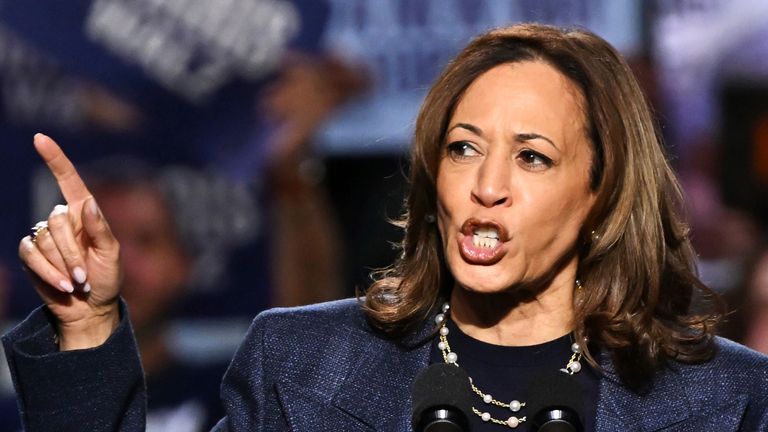 Democratic presidential candidate and U.S. Vice President Kamala Harris delivers a speech during a campaign rally in East Lansing, Michigan, Nov. 3, 2024. (The Yomiuri Shimbun via AP Images)