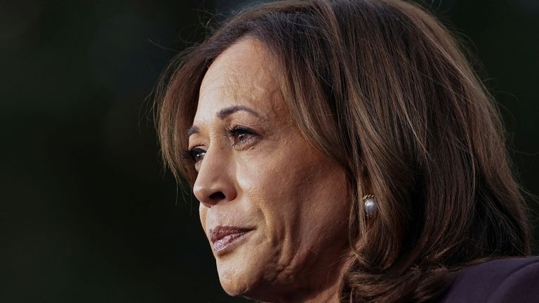 Democratic presidential nominee U.S. Vice President Kamala Harris reacts as she delivers remarks, conceding the 2024 U.S. presidential election to President-elect Donald Trump, at Howard University in Washington, U.S., November 6, 2024. REUTERS/Kevin Lamarque TPX IMAGES OF THE DAY
