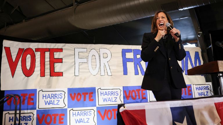 U.S. Vice President Kamala Harris, the Democratic presidential candidate, speaks during a campaign event in Scranton, Pennsylvania, U.S., November 4, 2024. REUTERS/Kevin Mohatt