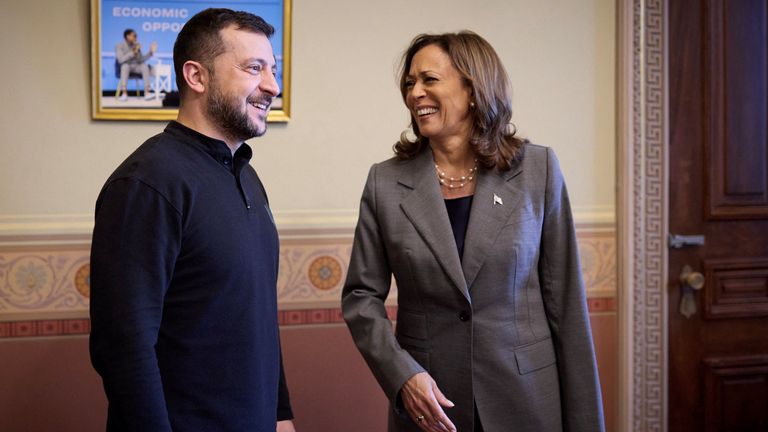 Democratic presidential nominee and U.S. Vice President Kamala Harris meets with Ukraine's President Volodymyr Zelenskiy, in the Eisenhower Executive Office Building on the White House campus in Washington, U.S., September 26, 2024. Ukrainian Presidential Press Service/Handout via REUTERS ATTENTION EDITORS - THIS IMAGE HAS BEEN SUPPLIED BY A THIRD PARTY.