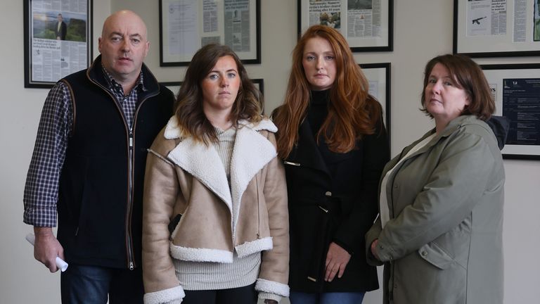 The family of showjumper Katie Simpson, (left to right) father Jason Simpson, sisters Rebecca and Christine Simpson with mother Noleen Mullan following a press conference at KRW Solicitors in Belfast after receiving the Police Ombudsman report into the death of Ms Simpson, who died at Altnagelvin hospital in 2020, a week after an incident in Gortnessy Meadows, Lettershandoney. Picture date: Tuesday November 12, 2024.