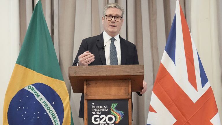 Keir Starmer speaking during a press conference as he attends the G20.
Pic: PA