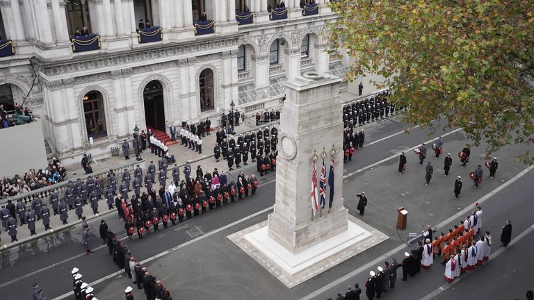 King Charles III salutes after laying a wreath at the Cenotaph in London during the Remembrance Sunday service. Picture date: Sunday November 10, 2024.