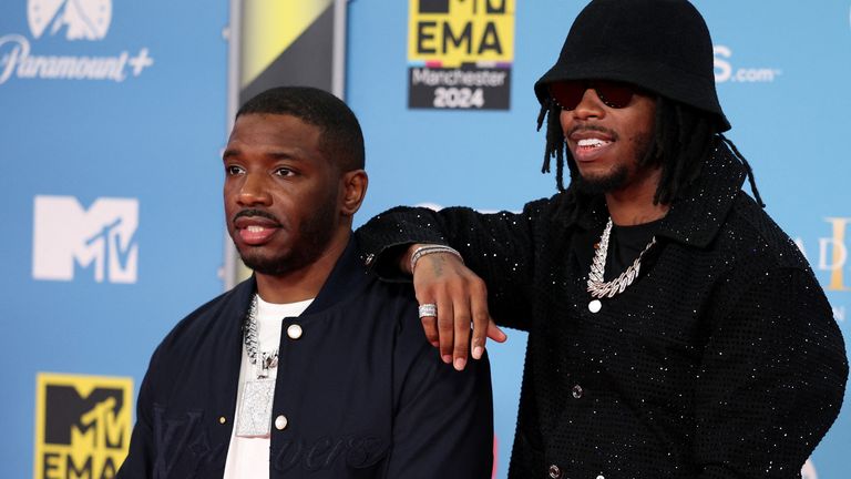 Krept and Konan pose on the red carpet for the 2024 MTV Europe Music Awards at Manchester Co-op Live in Manchester, Britain, November 10, 2024. REUTERS/Phil Noble