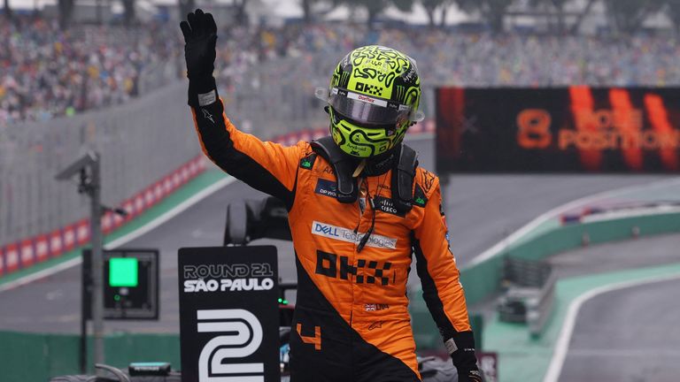 British driver Lando Norris celebrates his pole position after qualifying. Image: Reuters