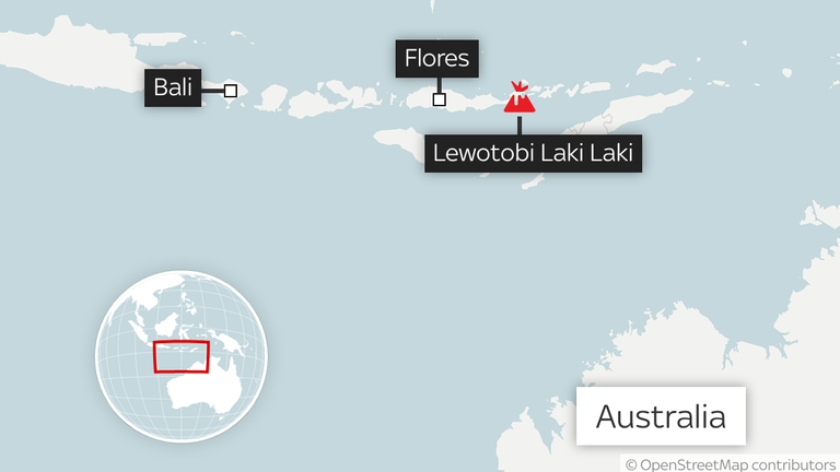 A map showing the location of the Mt Lewotobi Laki Laki volcano