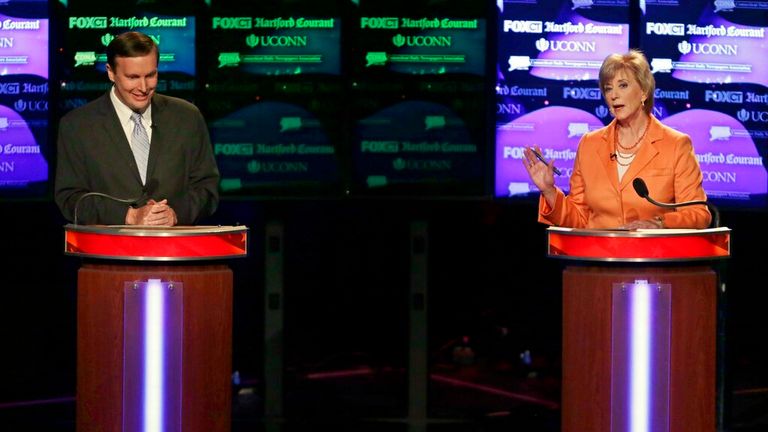 During a debate with her rival for Democratic Senate Chris Murphy in 2012. Pic: AP