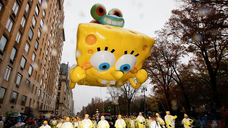 The SpongeBob SquarePants & Gary balloon flies during the 98th Macy's Thanksgiving Day Parade in New York City, U.S., November 28, 2024. REUTERS/Eduardo Munoz

