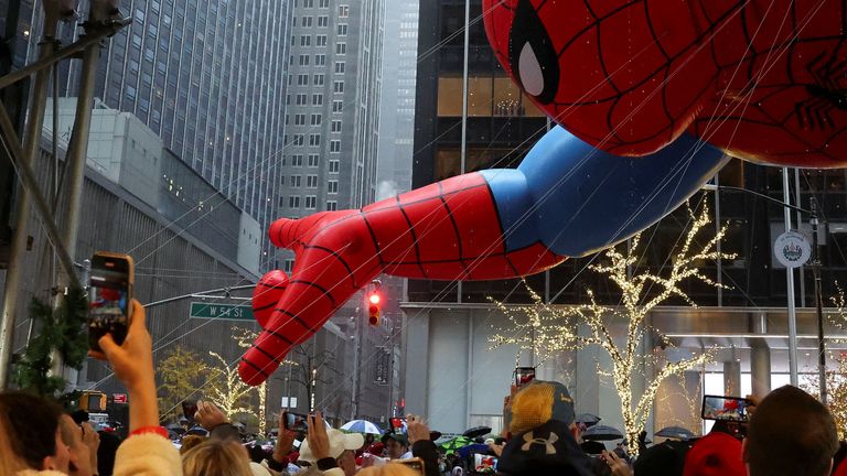 Spider-Man balloon flies during the 98th Macy's Thanksgiving Day Parade in New York City, U.S., November 28, 2024. REUTERS/Brendan McDermid

