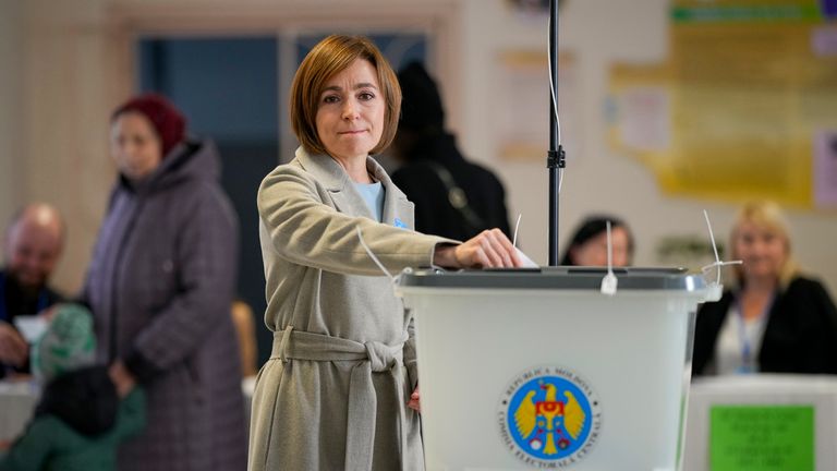 Maia Sandu casts her vote on Sunday. Pic: AP