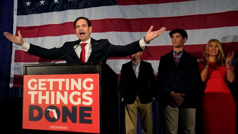 Sen. Marco Rubio, left, R-Fla., celebrates with his family as he talks to supporters during an Election Night party, Tuesday, Nov. 8, 2012, in Miami. (AP Photo/Wilfredo Lee)