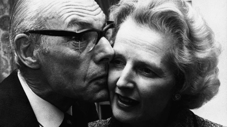 Margaret Thatcher gets a kiss from Denis after winning the leadership campaign in 1975. Image: AP