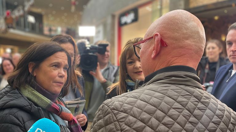 Sinn Fein leader Mary Lou McDonald speaks to members of the public as she canvasses in the Swords Pavilions Shopping Centre, Co Dublin, ahead of the General Election on November 29. Picture date: Sunday November 24, 2024.

