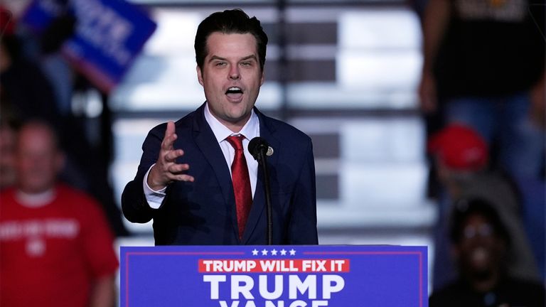 Rep. Matt Gaetz, R-Fla., speaks before Republican presidential nominee former President Donald Trump speaks at a campaign rally at Lee's Family Forum, Thursday, Oct. 31, 2024, in Henderson, Nev. (AP Photo/Evan Vucci)