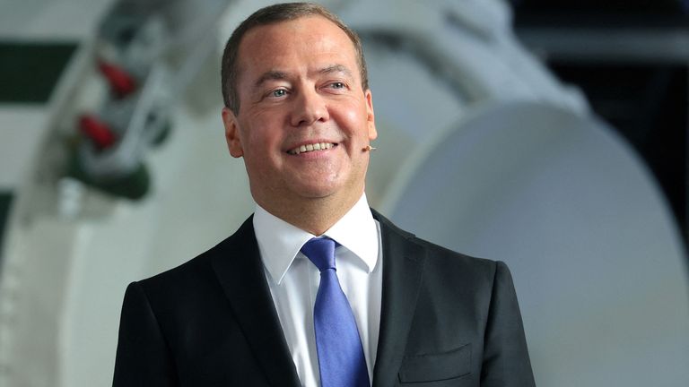 Deputy head of Russia's Security Council Dmitry Medvedev in 2023. Pic: Sputnik/Yekaterina Shtukina/Reuters