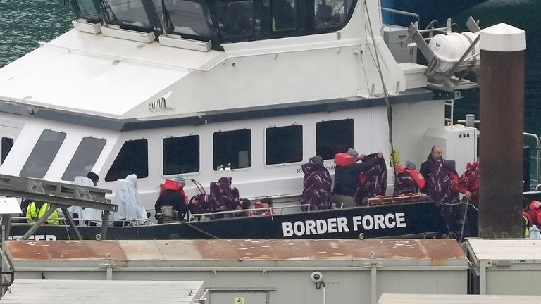 A group of people thought to be migrants, including young children, are brought in to Dover, Kent, from a Border Force vessel following a small boat incident in the Channel. Picture date: Friday November 8, 2024. PA Photo. See PA story POLITICS Migrants. Photo credit should read: Gareth Fuller/PA Wire 