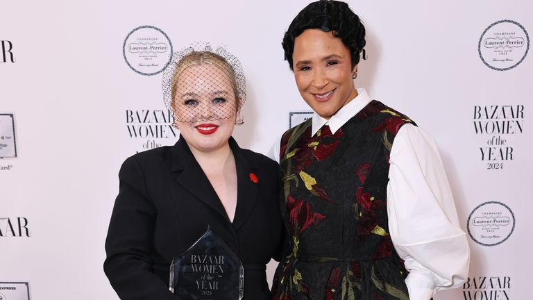 Nicola Coughlan was presented with her Harper's Bazaar Women Of The Year Award, for television acting, by her Bridgerton co-star Golda Rosheuvel. Pic: Dave Benett/ Harper's Bazaar                 