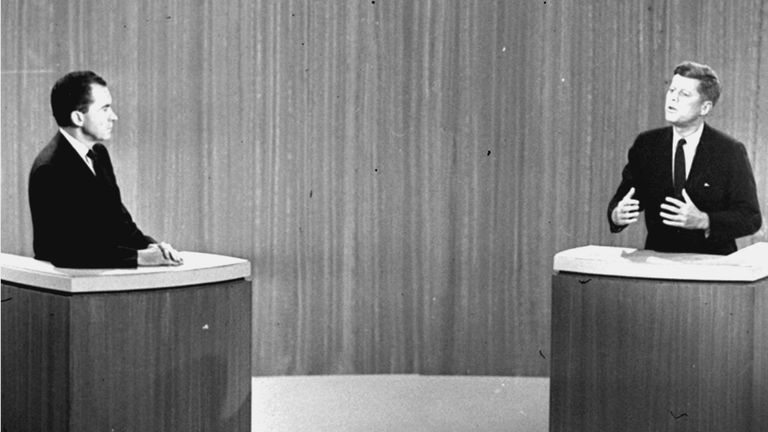 FILE - Senator John F. Kennedy (right) speaks as Vice President Richard M. Nixon listens during the first televised presidential debate on October 21, 1960 in New York. Presidential debates did not become a recurring event until 1976, when the League of Women Voters began sponsoring them. There are real questions about whether any of the presidential candidates will face off on a debate stage in 2024. (AP Photo, File)