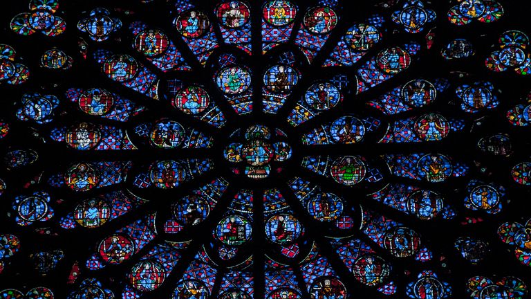 Fresco inside of the Notre Dame cathedral, photographed in Paris, France