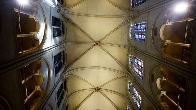 A view shows the vaulted ceiling of the Notre-Dame de Paris Cathedral, which was ravaged by a fire in 2019, during a visit by French President Emmanuel Macron (not pictured) as restoration works continue before the cathedral's reopening, in Paris, France, November 29, 2024. REUTERS/Sarah Meyssonnier/Pool

