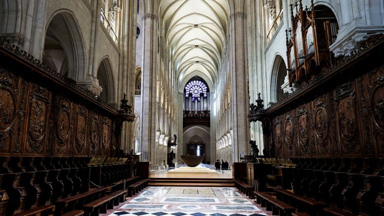 A view of the choir stalls of Notre-Dame de Paris cathedral in Paris, on November 29, 2024. The Notre-Dame Cathedral is set to re-open early December 2024, with a planned weekend of ceremonies on December 7 and 8, 2024, five years after the 2019 fire which ravaged the world heritage landmark and toppled its spire. Some 250 companies and hundreds of experts were mobilised for the five-year restoration costing hundreds of millions of euros. STEPHANE DE SAKUTIN/Pool via REUTERS

