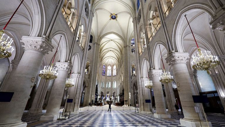 A view of the nave of Notre-Dame de Paris Cathedral in Paris, on November 29, 2024. The Notre-Dame Cathedral is set to re-open early December 2024, with a planned weekend of ceremonies on December 7 and 8, 2024, five years after the 2019 fire which ravaged the world heritage landmark and toppled its spire. Some 250 companies and hundreds of experts were mobilised for the five-year restoration costing hundreds of millions of euros. STEPHANE DE SAKUTIN/Pool via REUTERS

