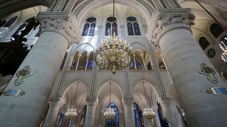 A view of the Notre-Dame cathedral as French President Emmanuel Macron visits the restored interiors of the monument, Friday, Nov.29, 2024 in Paris. (Christophe Petit Tesson, Pool via AP)