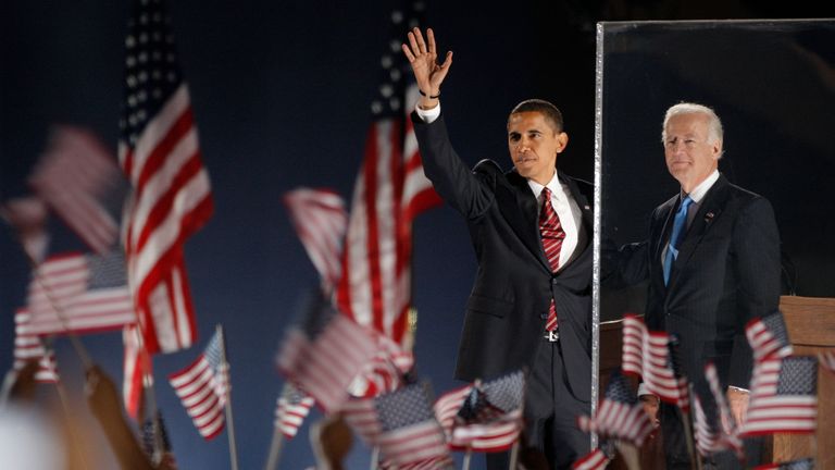 President-elect Barack Obama and Vice President Joe Biden during his election night rally in Grant Park in downtown Chicago, Illinois, on Tuesday, November 4, 2008. (Michael Macor/San Francisco Chronicle via AP)