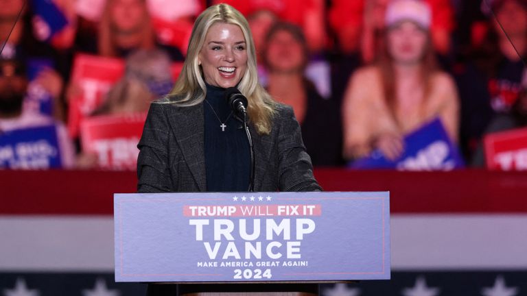 Pam Bondi speaks during a Trump rally in November 2024. Pic: Reuters