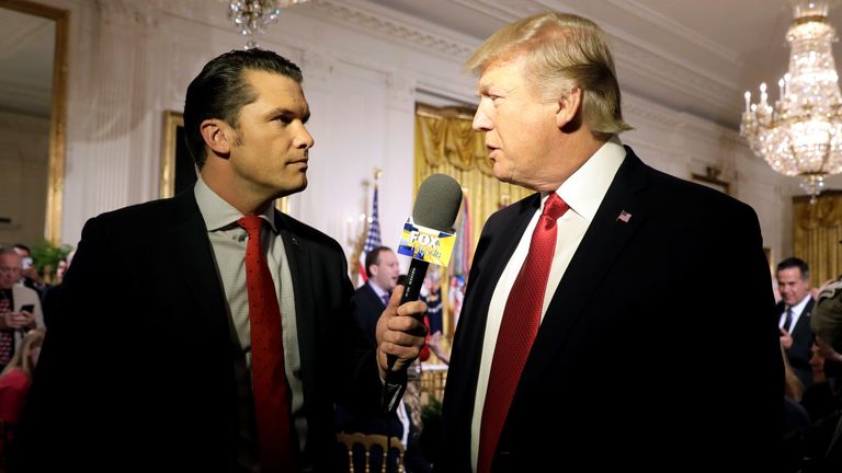 U.S. President Donald Trump is interviewed by Fox and Friends co-host Pete Hegseth at the White House in Washington, U.S. April 6, 2017. REUTERS/Kevin Lamarque
