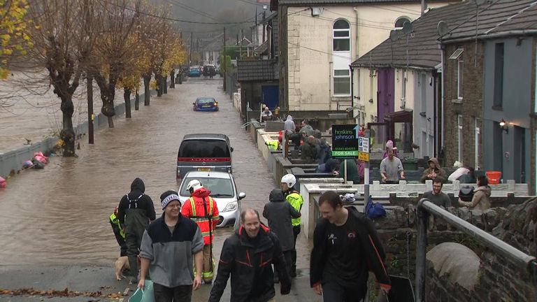 Sion Street in Pontypridd, where several homes have been flooded following Storm Bert