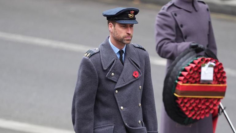 The Prince of Wales during the Remembrance Sunday service. Pic: PA