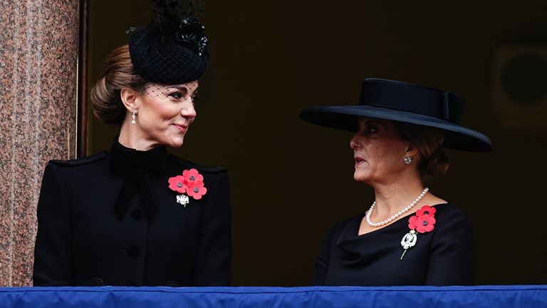 The Princess of Wales (left) and the Duchess of Edinburgh watch from the balcony. Pic: PA