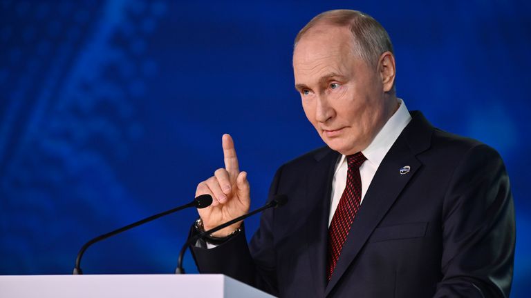 Russian President Vladimir Putin gestures while giving a speech at a meeting with foreign policy experts at the Valdai Discussion Club in the Black Sea resort of Sochi, Russia, Thursday, Nov. 7, 2024. (Kristina Kormilitsyna, Sputnik, Kremlin Pool Photo via AP)