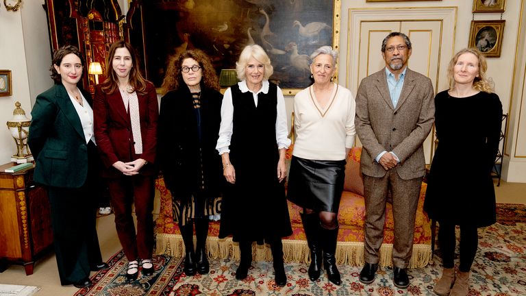Queen Camilla (centre) with the Booker Prize shortlisted authors: (left to right) Yael van der Wouden, Rachel Kushner, Anne Michaels, Charlotte Wood, Percival Everett, and Samantha Harvey.
Pic: PA
