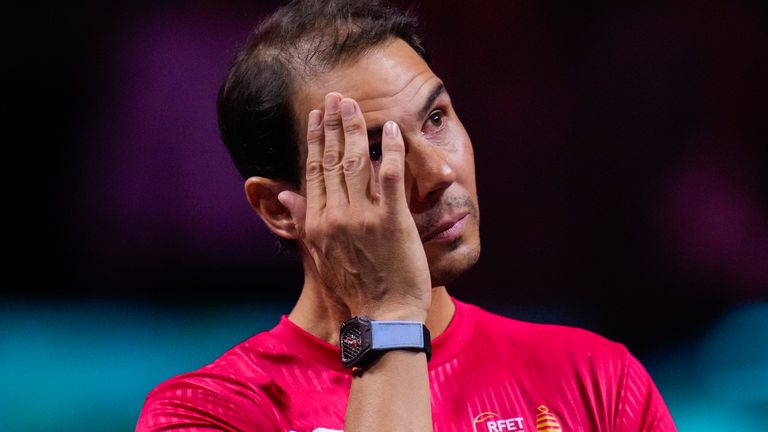 Spain's Rafael Nadal during a tribute aft  playing his past  lucifer  arsenic  a nonrecreational  tennis subordinate    successful  the Davis Cup quarterfinals astatine  the Martin Carpena Sports Hall successful  Malaga, confederate  Spain, connected  aboriginal  Wednesday, Nov. 20, 2024. (AP Photo/Manu Fernandez)