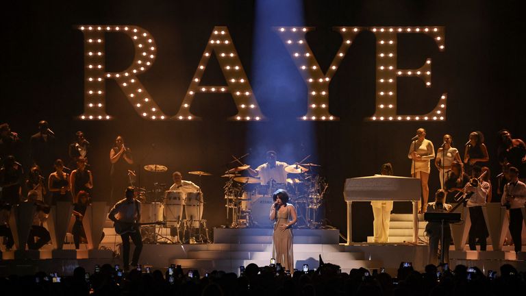 Raye performs at the 2024 MTV Europe Music Awards at Manchester Co-op Live in Manchester, Britain, November 10, 2024. REUTERS/Phil Noble
