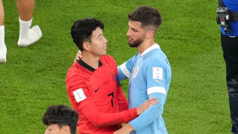 File photo dated 24-11-2022 of South Korea's Son Heung-min (left) and Uruguay's Rodrigo Bentancur. Tottenham midfielder Rodrigo Bentancur has been given a seven-match domestic ban by the Football Association for an alleged racist remark made about team-mate Son Heung-min in a TV interview. Issue date: Monday November 18, 2024.