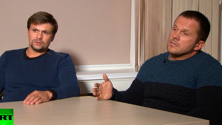 FILE - In this Thursday, Sept. 13, 2018 file image provided by the RT channel, men identified as Ruslan Boshirov, left, and Alexander Petrov attend their first public appearance in an interview with the RT channel in Moscow, Russia.Investigative group Bellingcat reported Monday Oct. 8, 2018 Alexander Petrov is actually Alexander Mishkin, a doctor for the GRU, and Ruslan Boshirov is a decorated Russian agent named Anatoliy Chepiga. After seeing its secrets increasingly exposed by determined journ