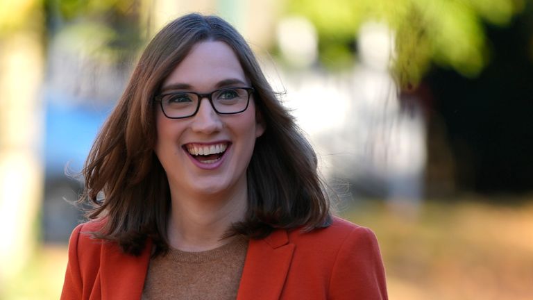 Sarah McBride, Democratic candidate for Delaware's at-large congressional district, arrives to vote at the Immanuel Highlands Episcopal Church on Election Day, Tuesday, Nov. 5, 2024, in Wilmington, Del. (AP Photo/Pamela Smith)