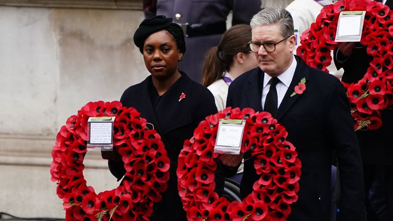 Sir Keir Starmer and Kemi Badenoch lay wreaths on Sunday. Pic: PA