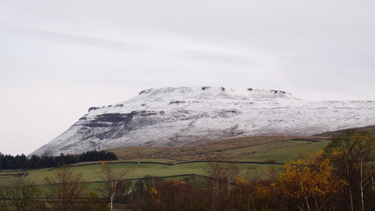 Snow capped mountain of Ingleborough in the Yorkshire Dales. The UK is bracing for snow, ice and cold temperatures as up to 20cm of snow could hit the UK over the coming days. Picture date: Monday November 18, 2024.