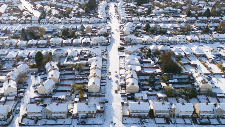 Snow-covered buildings after overnight snowfall in Wolverhampton. There is widespread travel disruption after heavy snowfall and ice affected parts of the UK, with the Met Office advising vehicles could be stranded, power cuts may occur and rural areas could be cut off. Picture date: Wednesday November 20, 2024.