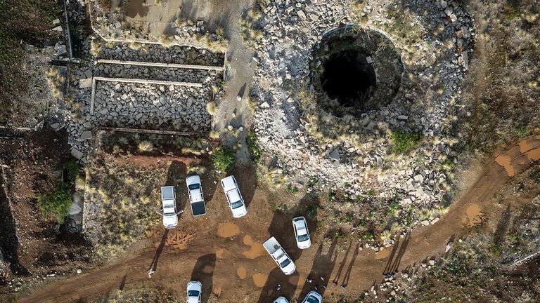 An aerial view of a mine shaft where an estimated 4000 illegal miners are refusing to leave in Stilfontein, South Africa,.
Pic: AP