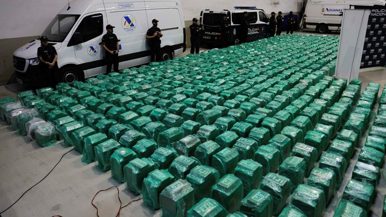 Spanish police display the 13 tons of cocaine, which was seized at the Algeciras port, hidden in banana shipments after it was transported in a container from Ecuador, at the port in Algeciras, Spain, November 6, 2024. REUTERS/Jon Nazca