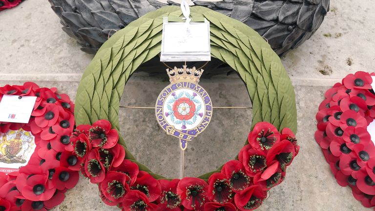 The poppy wreath and message laid by the Duchess of Edinburgh during the Remembrance service at National Memorial Arboretum, Alrewas, Staffordshire.
Pic: PA