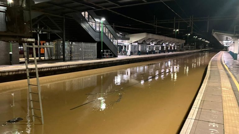 Northampton railway station flooded by storm bert.  Pic: Network Rail. https://www.networkrailmediacentre.co.uk/news/major-west-coast-main-line-disruption-in-northampton-after-river-nene-bursts-banks