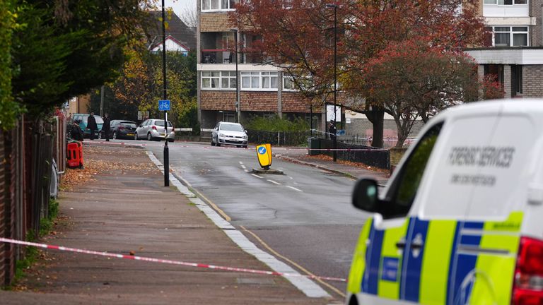 Police at the scene near Wells Park Road in Sydenham, south-east London after one man died and two people were injured in a shooting. Police were called at around 10.10am on Sunday to reports of a shooting in the area of Wells Park Road, Sydenham. Emergency services attended and found a man with gunshot injuries who died at the scene Picture date: Sunday November 10, 2024. PA Photo. See PA story POLICE Sydenham. Photo credit should read: Aaron Chown/PA Wire